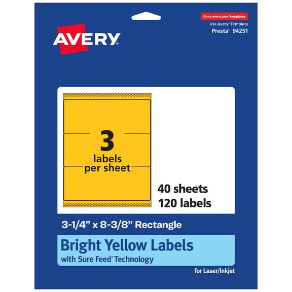 Avery Rectangle Labels, Bright Yellow, 3-1/4" x 8-3/8", 120ct