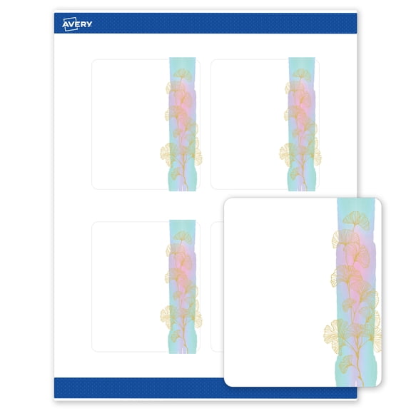 Avery Rectangle Labels, Floral Design, 4" x 3-1/3", Matte, Watercolors with Gold Ginkgo Leaves