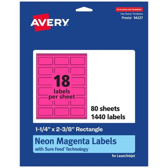 Avery Rectangle Labels, Neon Magenta, 1-1/4" x 2-3/8", 1,440ct