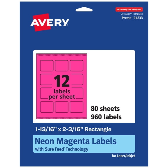 Avery Rectangle Labels, Neon Magenta, 1-13/16" x 2-3/16", 960ct