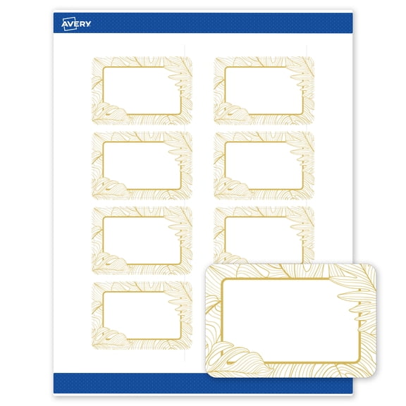 Avery Rectangle Labels, Pre-Printed Gold Florals, 2" x 3", Matte, Gold Monstera Leaves