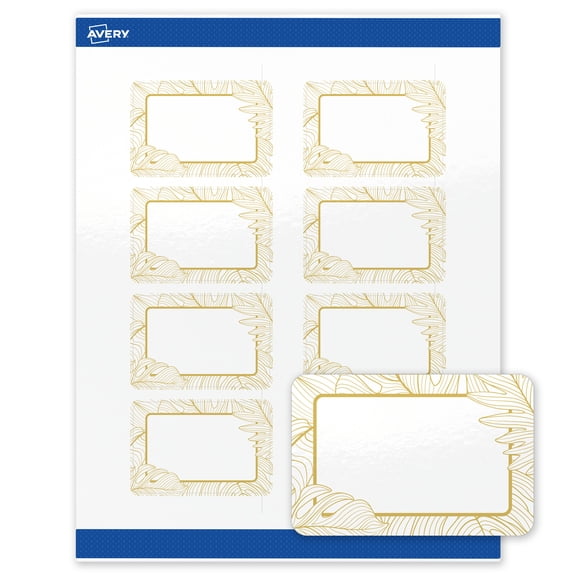 Avery Rectangle Labels, Pre-Printed Gold Florals, 2" x 3", Glossy, Gold Monstera Leaves