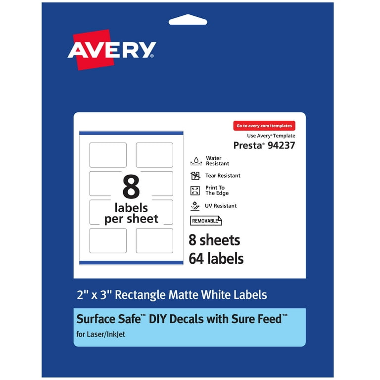 Avery Rectangle Labels with Sure Feed, 2 inch x 3 inch, 64 White Labels, Print-to-the-Edge, Surface Safe Clean Removable Label Adhesive, Laser/Inkjet