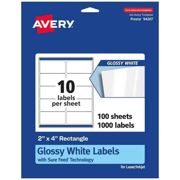 Avery Rectangle Labels with Sure Feed, 2" x 4", 1,000 Glossy White Labels
