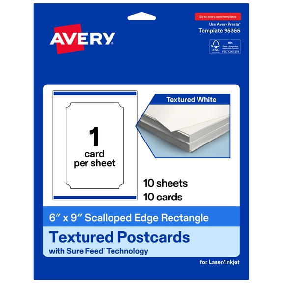 Avery Rectangle Scalloped Edge Postcards , 6" x 9", Matte, 10 Total