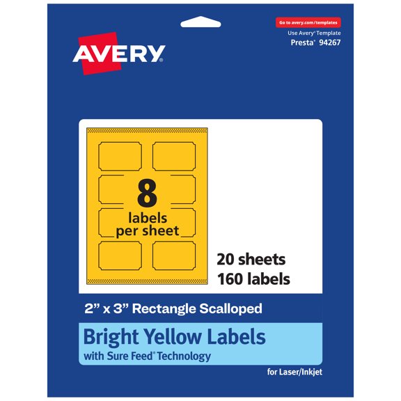 Avery Rectangle Scalloped Labels, Bright Yellow, 2" x 3", 160ct