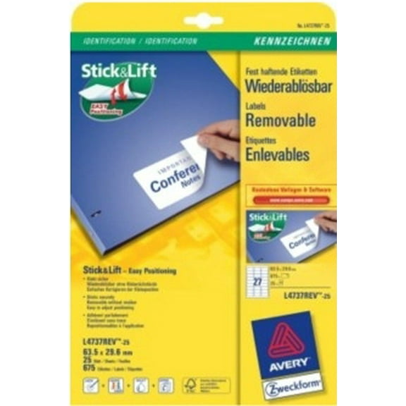 Avery Removable Adhesive Labels 63,5 x 29,6 mm White