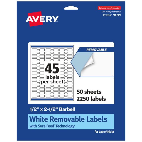 Avery Removable Barbell Labels, .5" x 2.5", 2,250ct