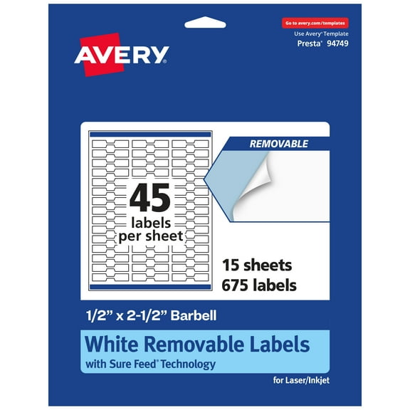Avery Removable Barbell Labels, .5" x 2.5", 675ct
