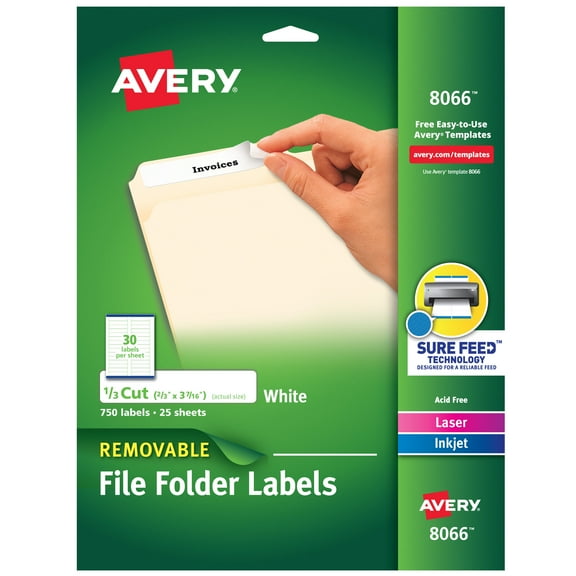Avery Removable File Folder Labels, Sure Feed Technology, Removable Adhesive, White, 2/3" x 3-7/16", 750 Labels (8066)