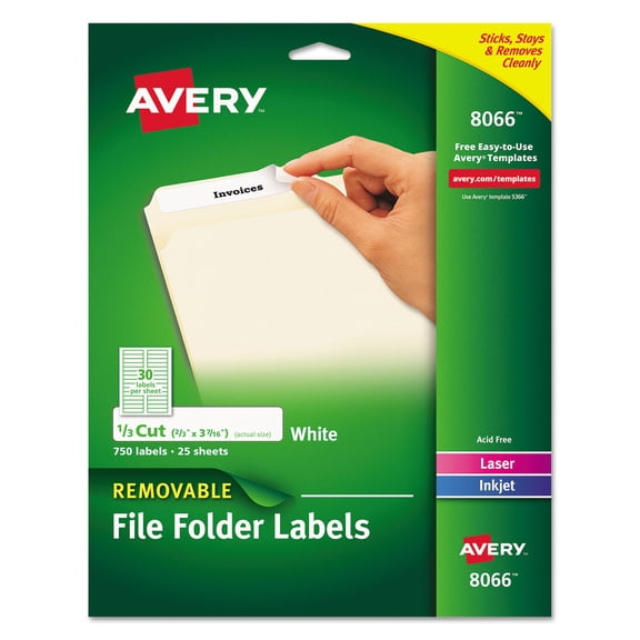 Avery Removable File Folder Labels, Sure Feed Technology, Removable Adhesive, White, 2/3" x 3-7/16", 750 Labels (8066)