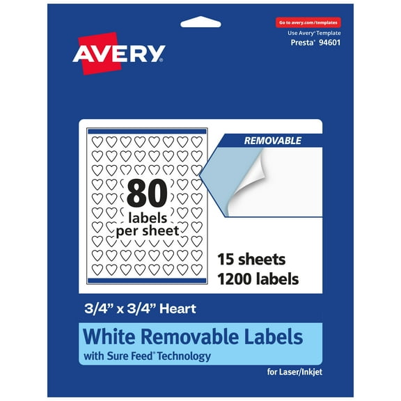 Avery Removable Heart Labels, .75" x .75", 1,200ct