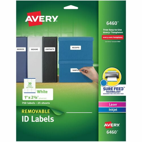 Avery® Removable I.D. Laser/Inkjet Labels, 1" Width x 2 5/8" Length, Removable Adhesive, Rectangle, Inkjet, Laser, Matte, White, Paper (6460) | 10 Packs (7500 Total)