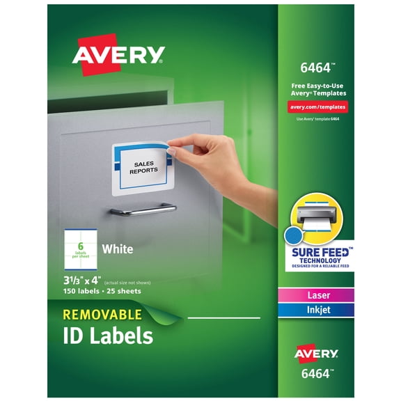 Avery Removable ID Labels, Sure Feed, 3-1/3 x 4, 150 Labels (6464)