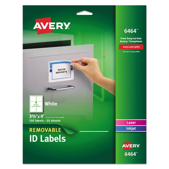 Avery Removable ID Labels, Sure Feed, 3-1/3 x 4, 150 Labels (6464)