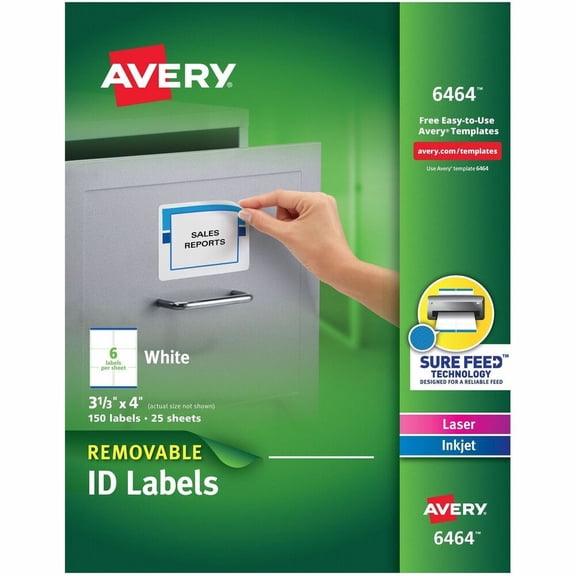 Avery Removable ID Labels, Sure Feed, 3-1/3 x 4, 150 Labels (6464)