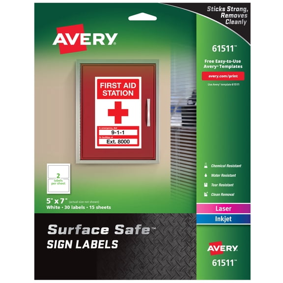 Avery Removable Label Safety Signs, 5"x7", Printable,  30PK (61511)