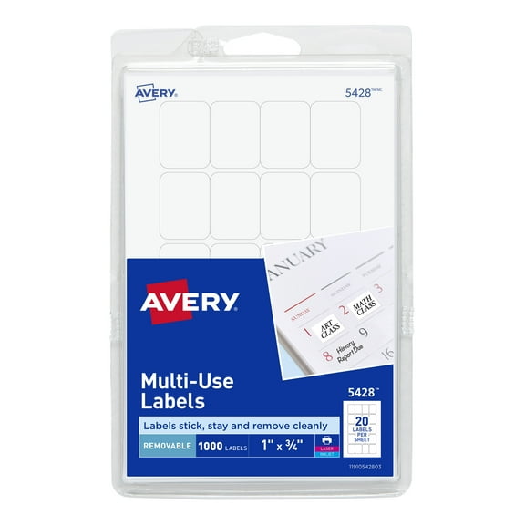 Avery Removable  Labels, 1" x 3/4", 1,000 Labels (5428)