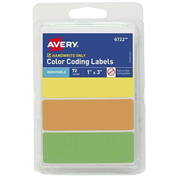 Avery Removable Labels, 1" x 3", Neon, 72 Total (6722)