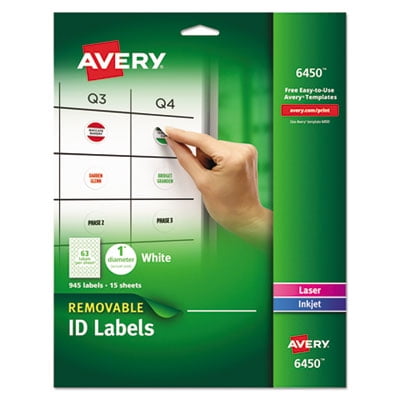 Avery-1PK Removable Multi-Use Labels, Inkjet/Laser Printers, 1" dia., White, 63/Sheet, 15 Sheets/Pack