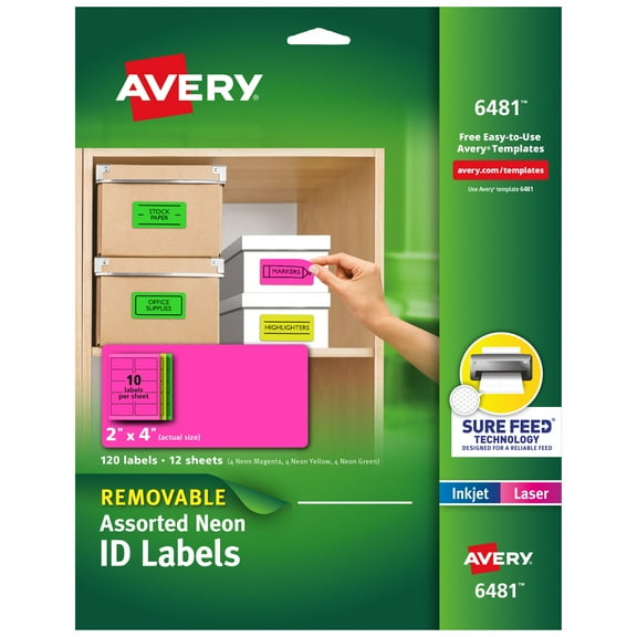 Avery Removable Labels, 2" x 4", Assorted Neon, 120 Total (6481)