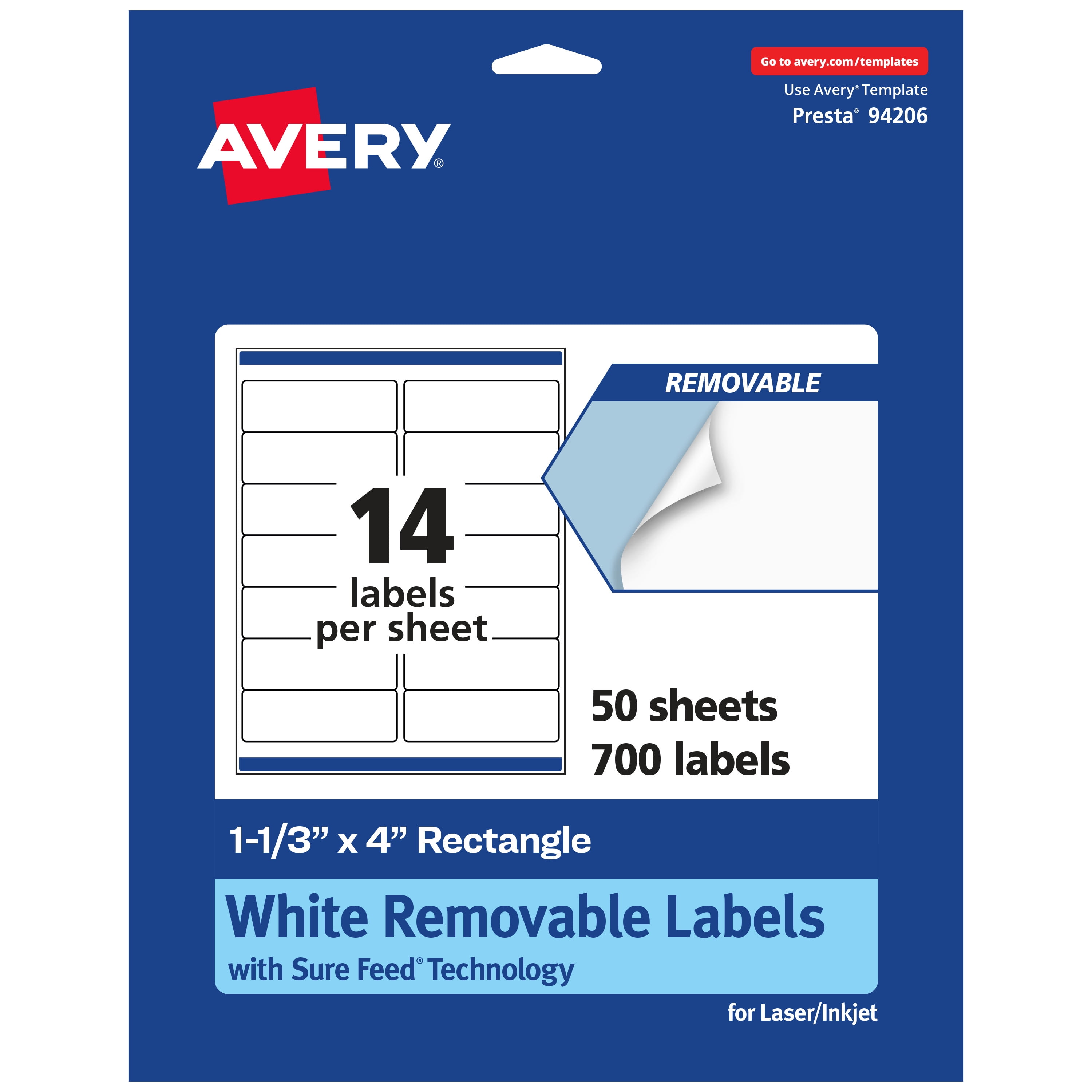 Avery Removable Rectangle Labels, 1-1/3" x 4", 700ct