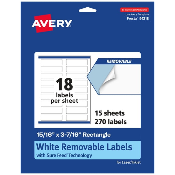 Avery Removable Rectangle Labels, 15/16" x 3-7/16", 270ct
