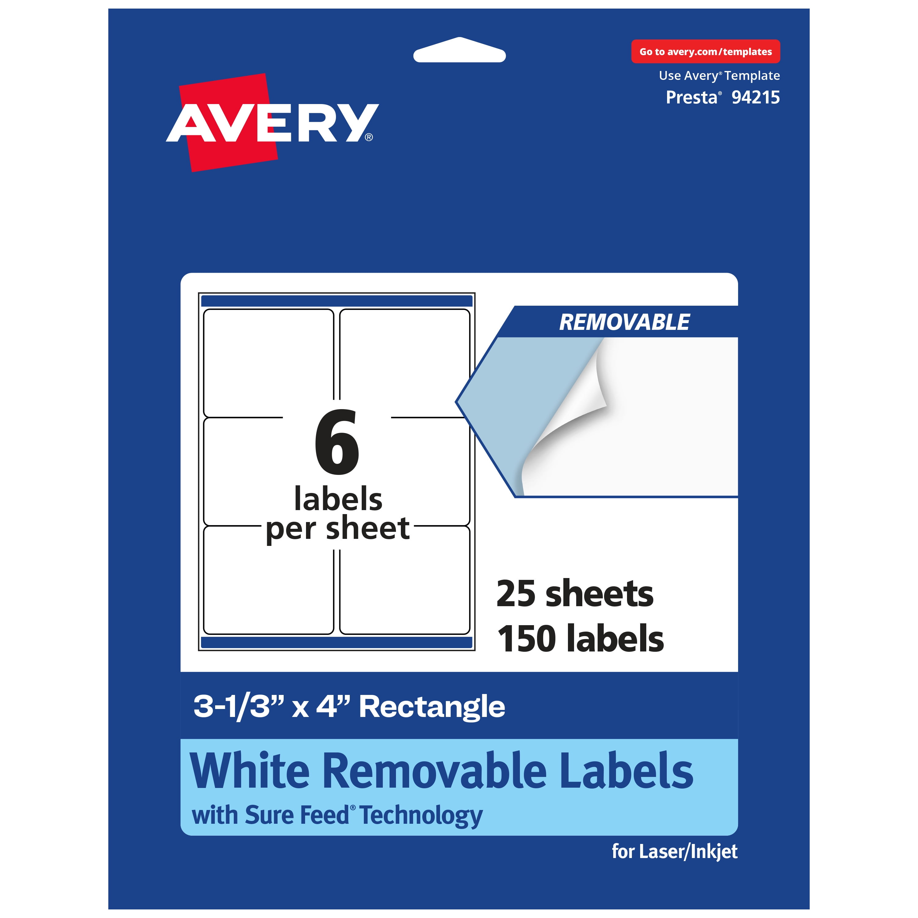 Avery Removable Rectangle Labels, 3-1/3" x 4", 150ct