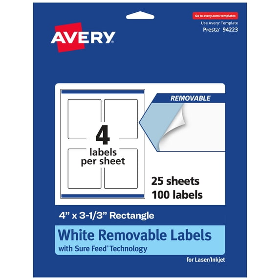 Avery Removable Rectangle Labels, 4" x 3-1/3", 100ct