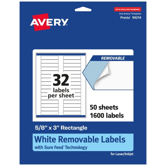 Avery Removable Rectangle Labels, 5/8" x 3", 1,600ct