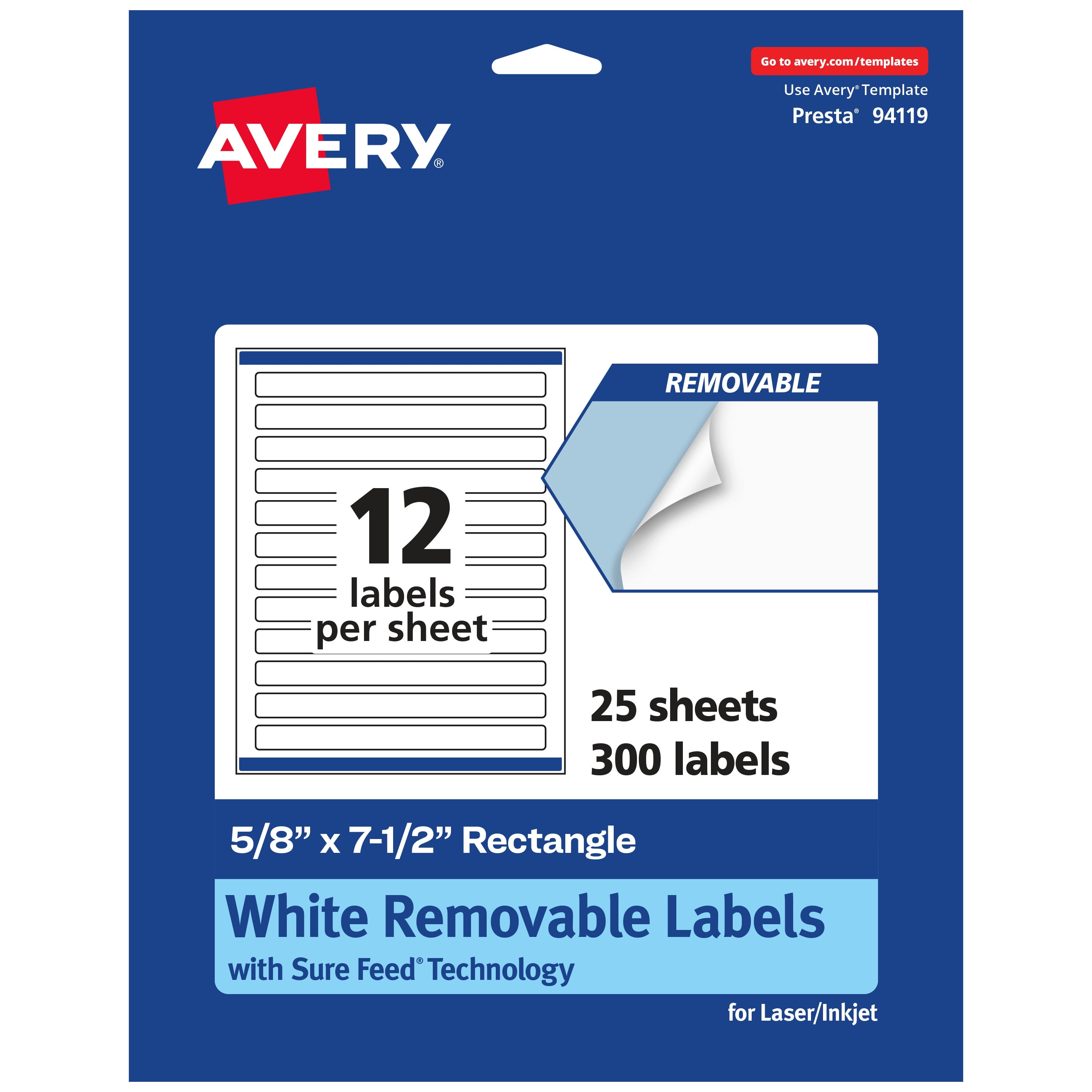 Avery Removable Rectangle Labels, 5/8" x 7-1/2", 300ct