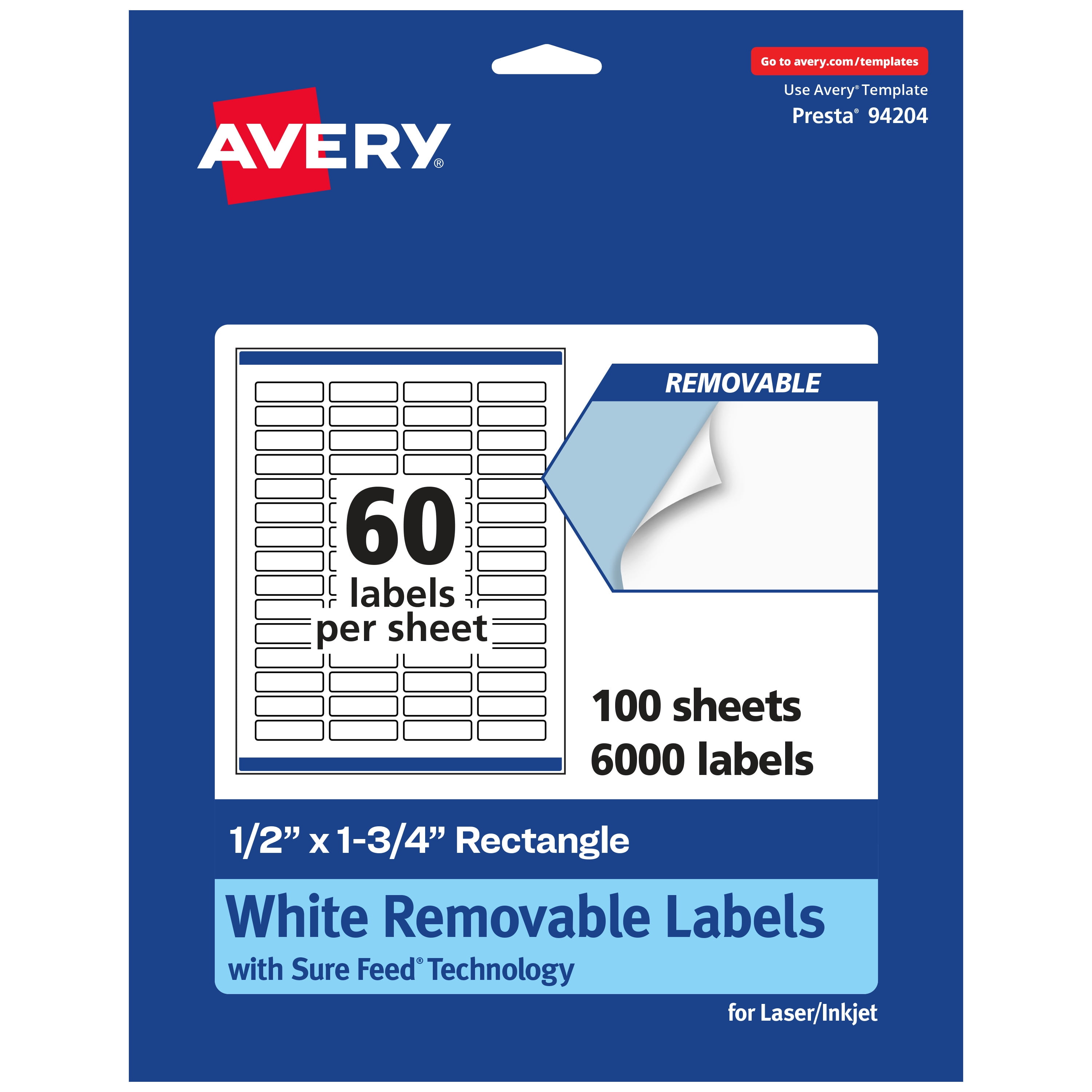 Avery Removable Rectangle Labels, .5" x 1.75", 6,000ct