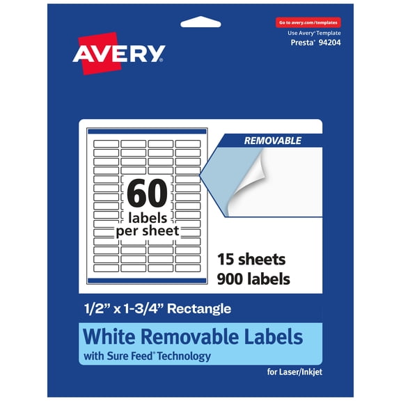 Avery Removable Rectangle Labels, .5" x 1.75", 900ct
