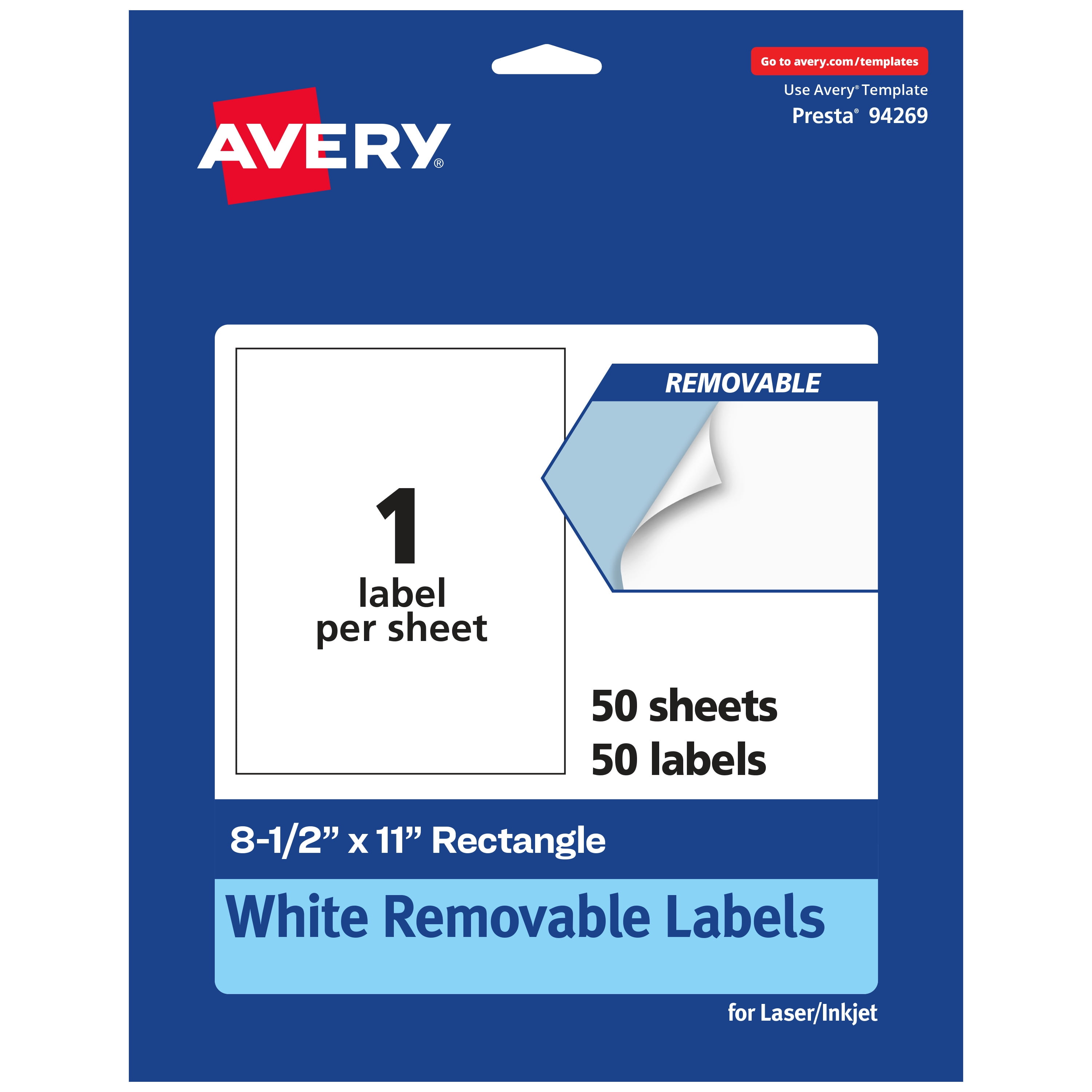 Avery Removable Rectangle Labels, 8.5" x 11", 50ct