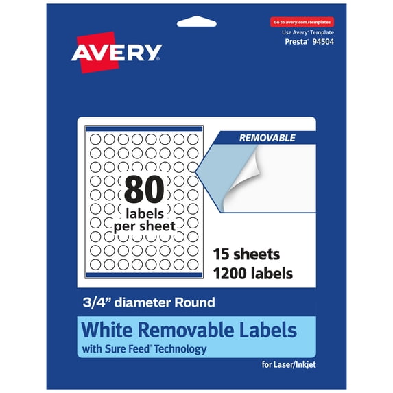 Avery Removable Round Labels, .75" Diameter, 1,200ct