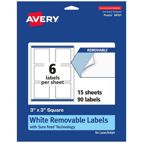 Avery Removable Square Labels, 3" x 3", White, 90ct