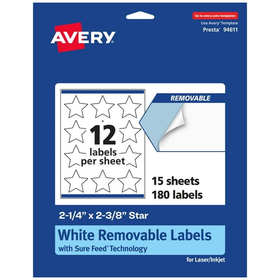 Avery Removable Star Labels, 2-1/4" x 2-3/8", 180ct