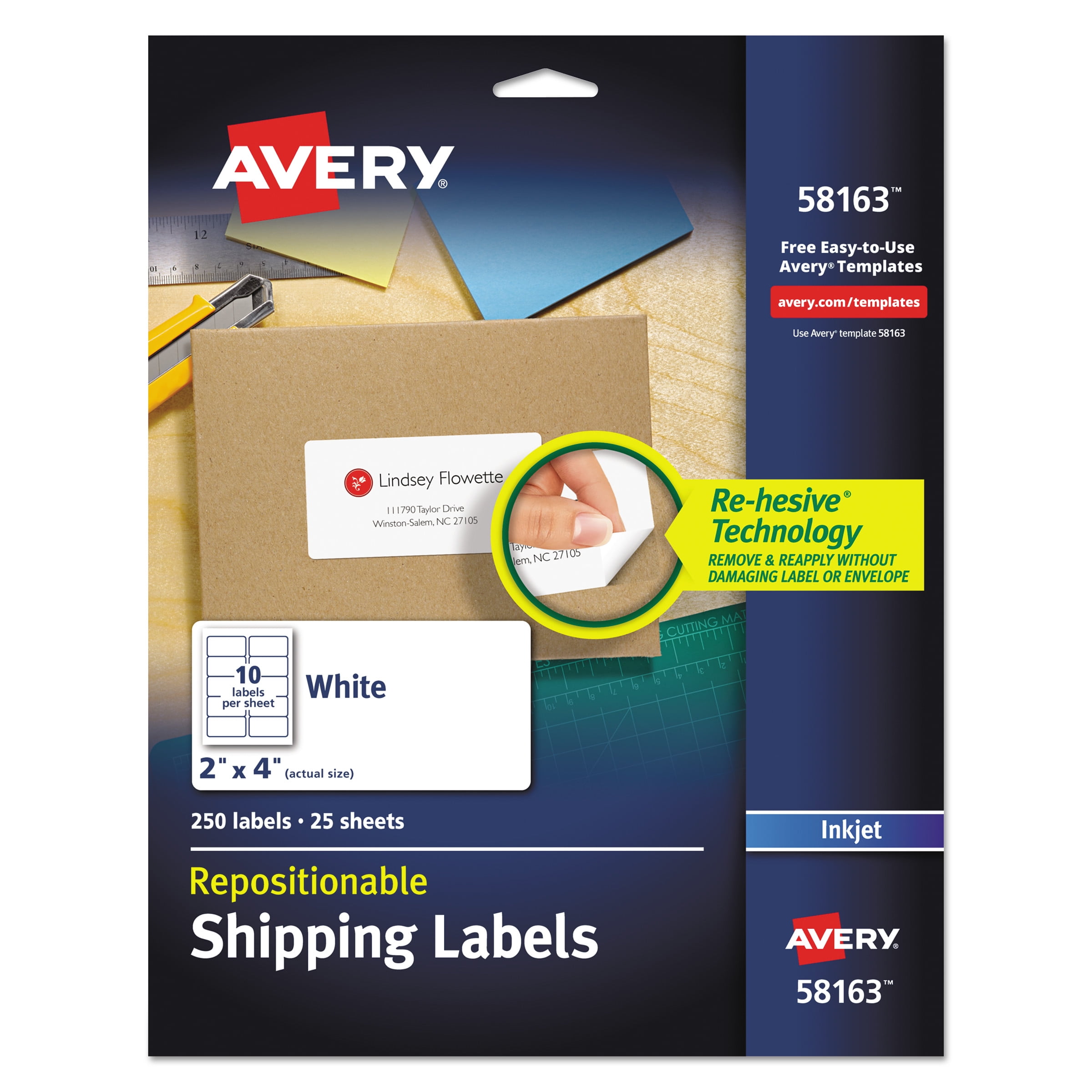 White Repositionable Inkjet Shipping Labels, 2" x 4", 250 Pack