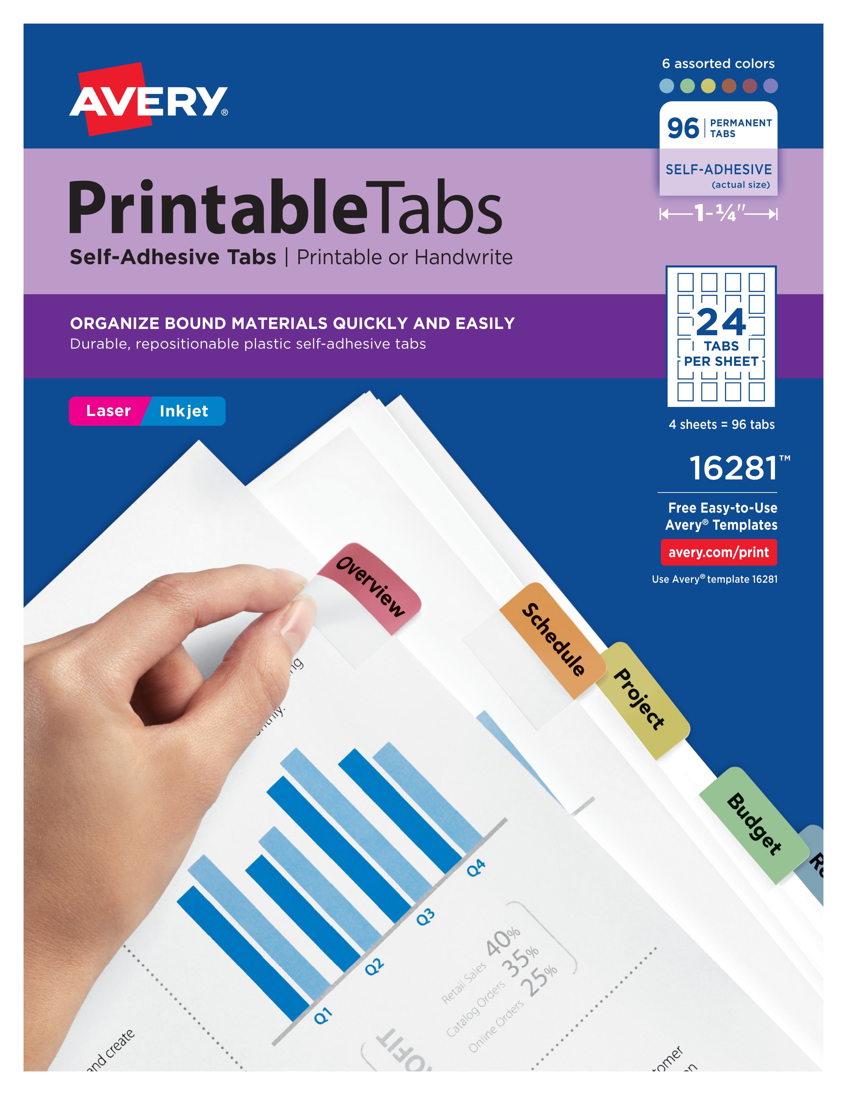 Avery Assorted Color Printable Plastic Tabs with Self-Adhesive, 1.25" Wide, Pack of 96