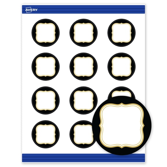 Avery Round Cards, 2", Black with Gold Flourish Design, Matte