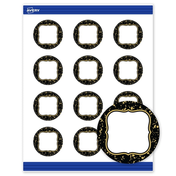 Avery Round Cards, 2", Black with Gold Specs Design, Matte