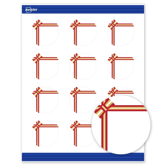Avery Round Cards, 2" Diameter, Gold-Red Gift Bow, Matte, 120ct