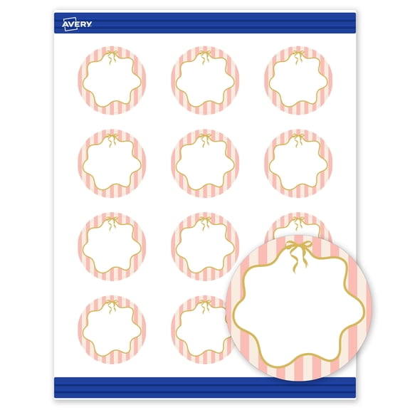 Avery Round Cards, 2", Pink Stripes with Gold Bow Design, Matte