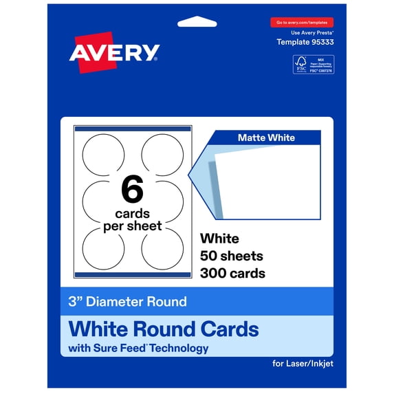 Avery Round Cards, 3" Diameter, Matte White, 300 Total