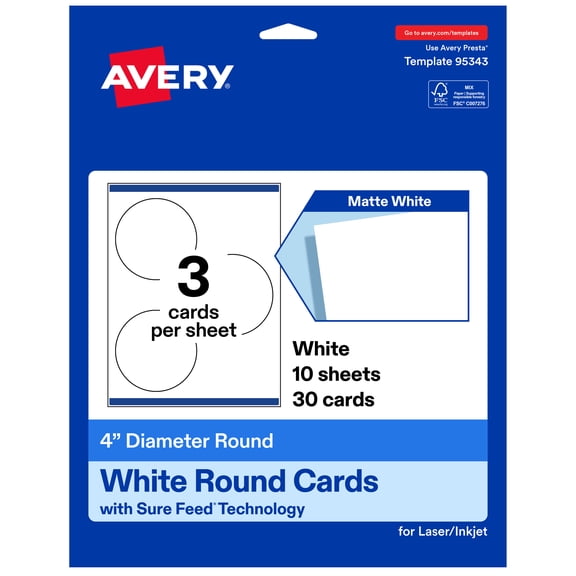 Avery Round Cards, 4" Diameter, Matte White, 30 Total
