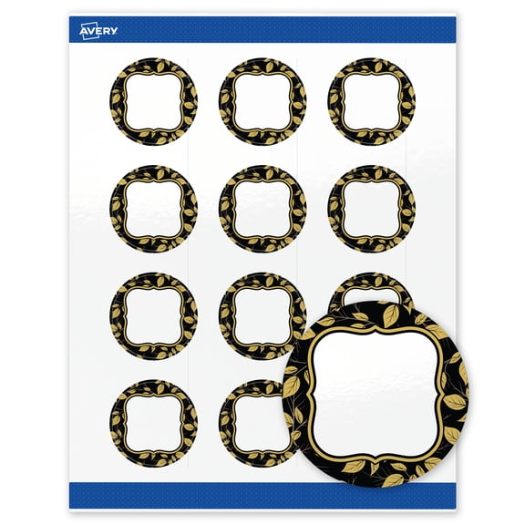 Avery Round Labels, 2", Black Flourish & Gold Leaves Design, Glossy