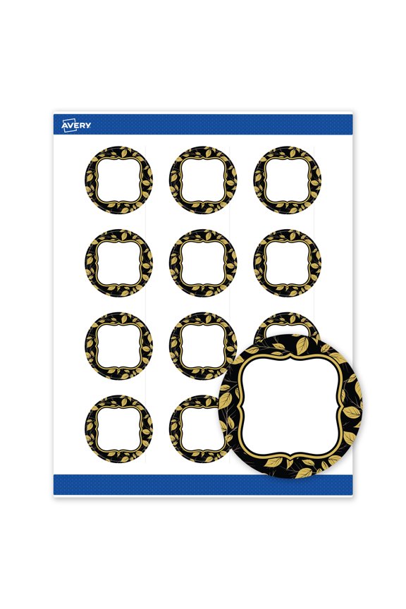 Round Labels, 2", Black Flourish & Gold Leaves Design, Matte