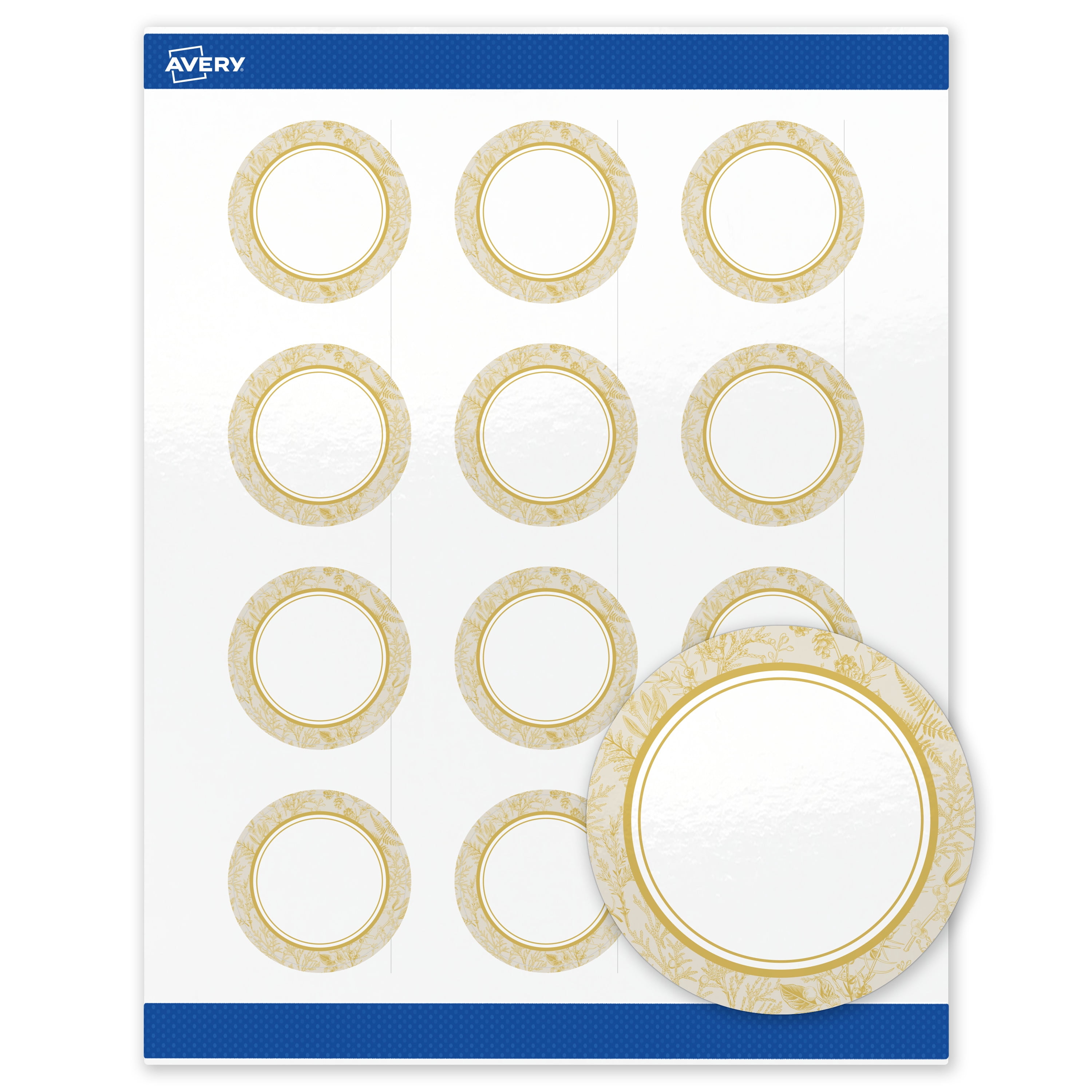 Avery Round Labels, 2" Diameter, Gold Arch Florals Design, Glossy