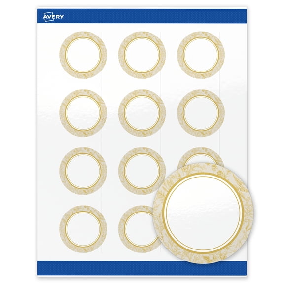 Avery Round Labels, 2" Diameter, Gold Arch Florals Design, Glossy