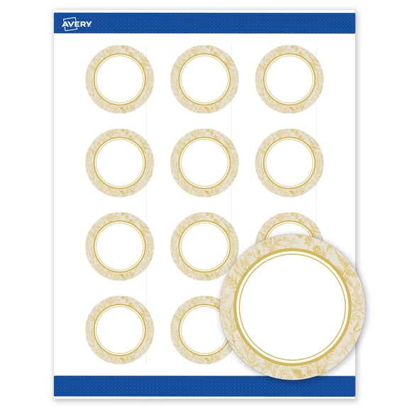 Avery Round Labels, 2" Diameter, Gold Arch Florals Design, Matte
